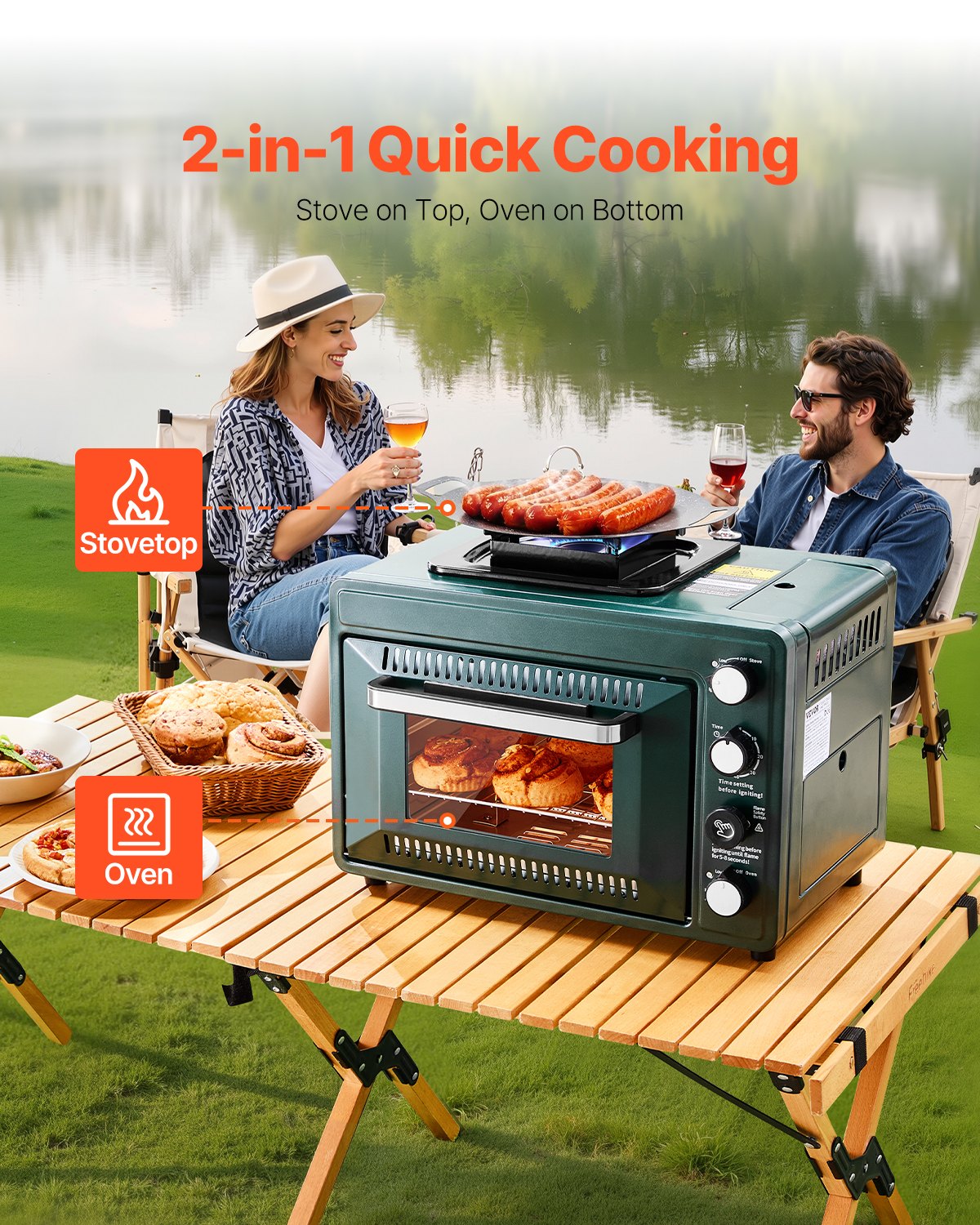 Outdoor Oven 2-in-1 Portable Gas Camping Stove Oven Combo Adjustable Fire