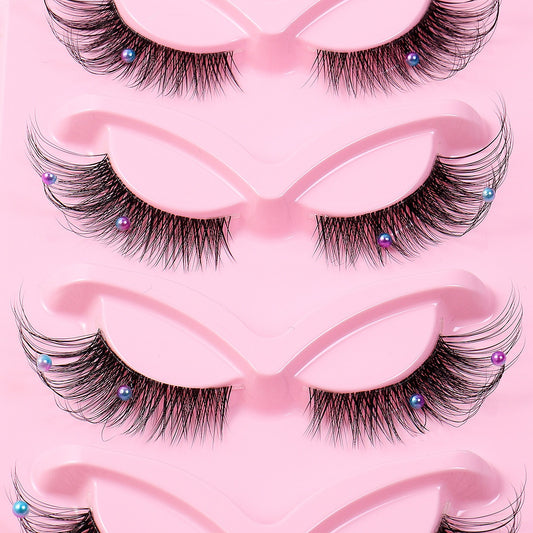 5 Pairs False Lashes Eyelashes Extension Cluster, Clear Band Corner Foxy Winged Cat Eye 3D Strip Lashes, Dramatic Cosmetic Makeup