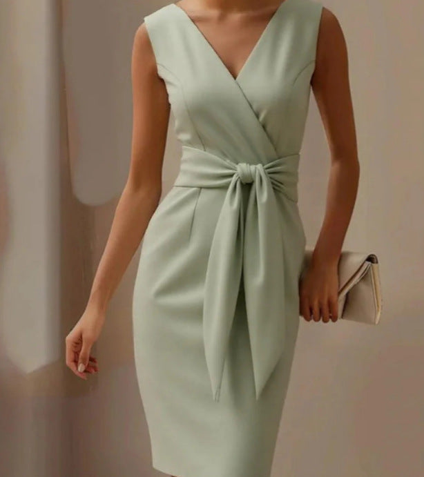 Fashion Bowknot Dress Solid Color Elegant Slim