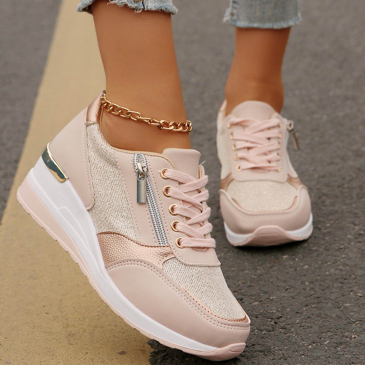 Women's Lace-up Casual Shoes Fashion Side Zipper