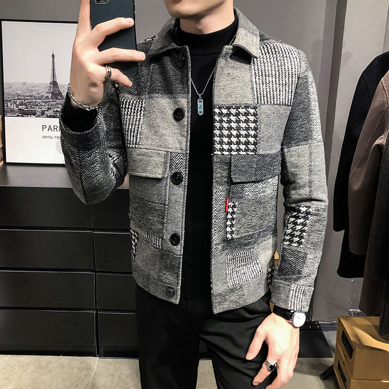 Fashion plaid stitching contrast jacket woolen jacket