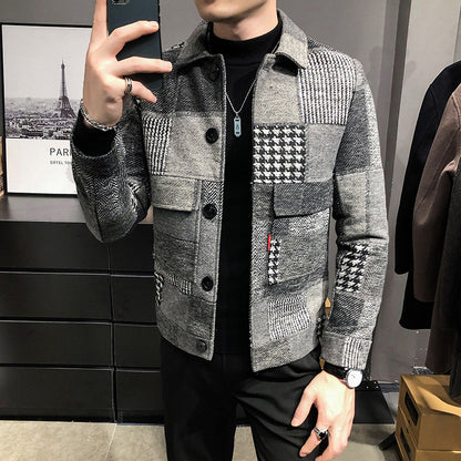 Fashion plaid stitching contrast jacket woolen jacket