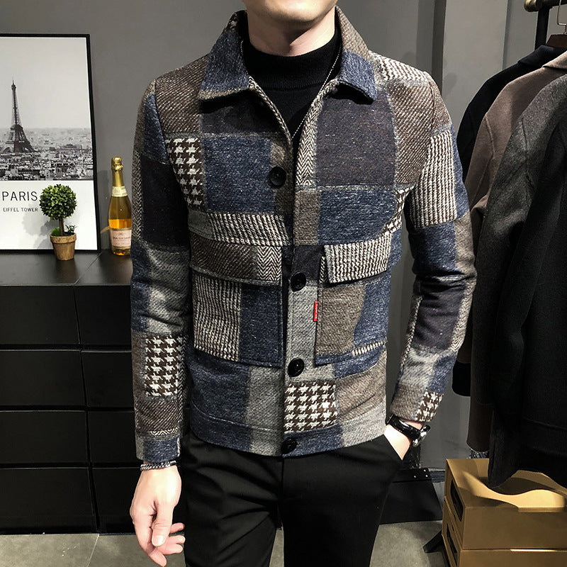Fashion plaid stitching contrast jacket woolen jacket