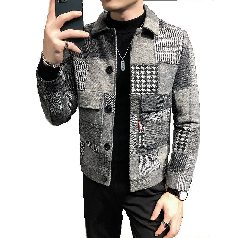 Fashion plaid stitching contrast jacket woolen jacket