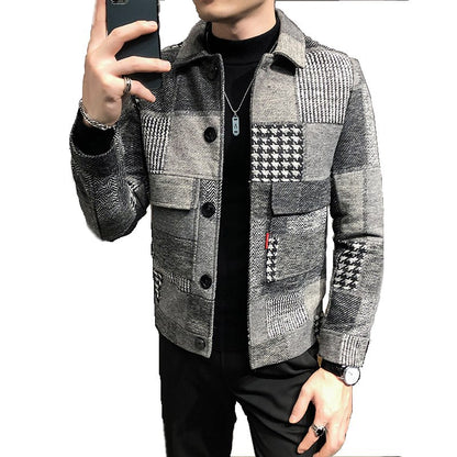 Fashion plaid stitching contrast jacket woolen jacket