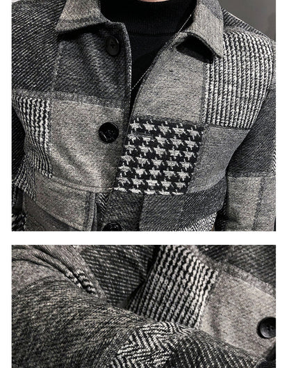 Fashion plaid stitching contrast jacket woolen jacket