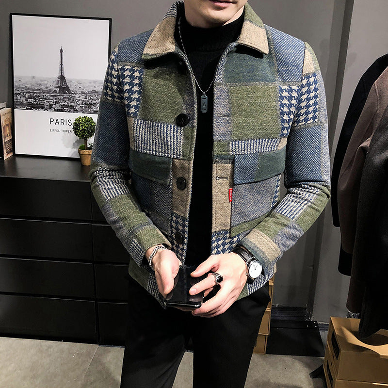 Fashion plaid stitching contrast jacket woolen jacket