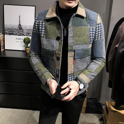 Fashion plaid stitching contrast jacket woolen jacket