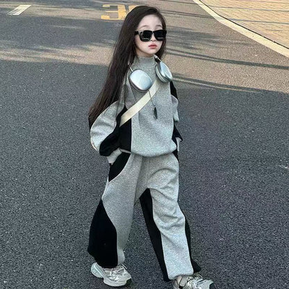 Color Matching Children And Teens Two-piece Suit Girls Casual Track Sweatpants Fashion