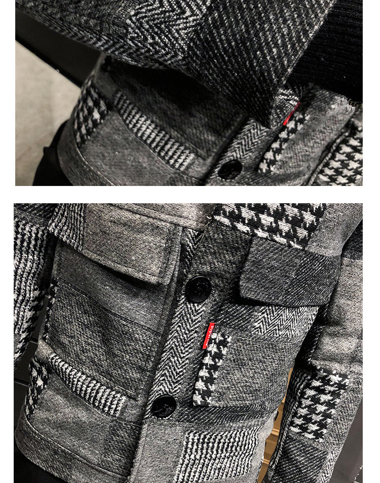 Fashion plaid stitching contrast jacket woolen jacket