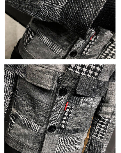 Fashion plaid stitching contrast jacket woolen jacket