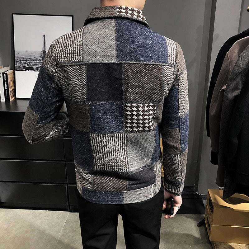 Fashion plaid stitching contrast jacket woolen jacket