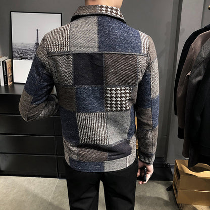 Fashion plaid stitching contrast jacket woolen jacket