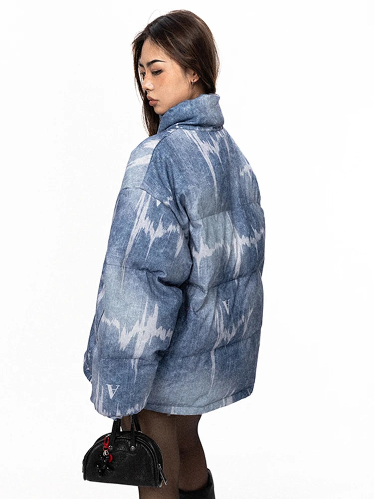 Imitation Jean Printed Cotton Padded Coat Fashion Women Stand Collar Zipper Loose Down Jacket Autumn  New