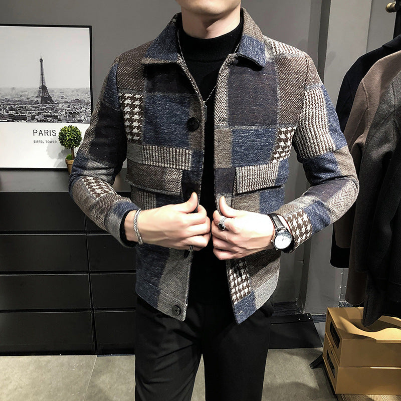 Fashion plaid stitching contrast jacket woolen jacket