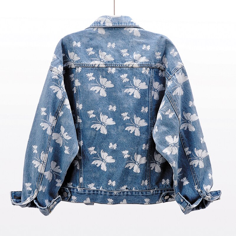Spring Korean Fashion Butterfly Print Denim Jacket Women Blue Outerwear Casual Loose Short Jeans Jacket Coat Female Streetwear