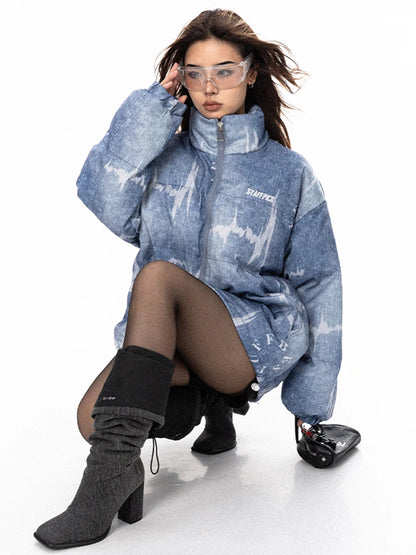 Imitation Jean Printed Cotton Padded Coat Fashion Women Stand Collar Zipper Loose Down Jacket Autumn  New
