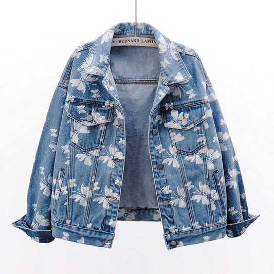 Spring Korean Fashion Butterfly Print Denim Jacket Women Blue Outerwear Casual Loose Short Jeans Jacket Coat Female Streetwear