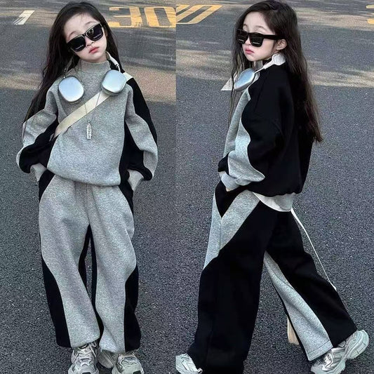 Color Matching Children And Teens Two-piece Suit Girls Casual Track Sweatpants Fashion