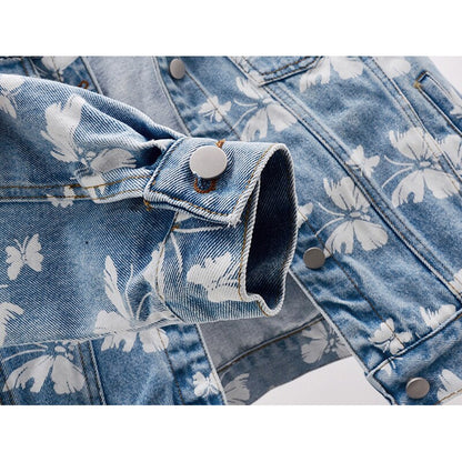 Spring Korean Fashion Butterfly Print Denim Jacket Women Blue Outerwear Casual Loose Short Jeans Jacket Coat Female Streetwear