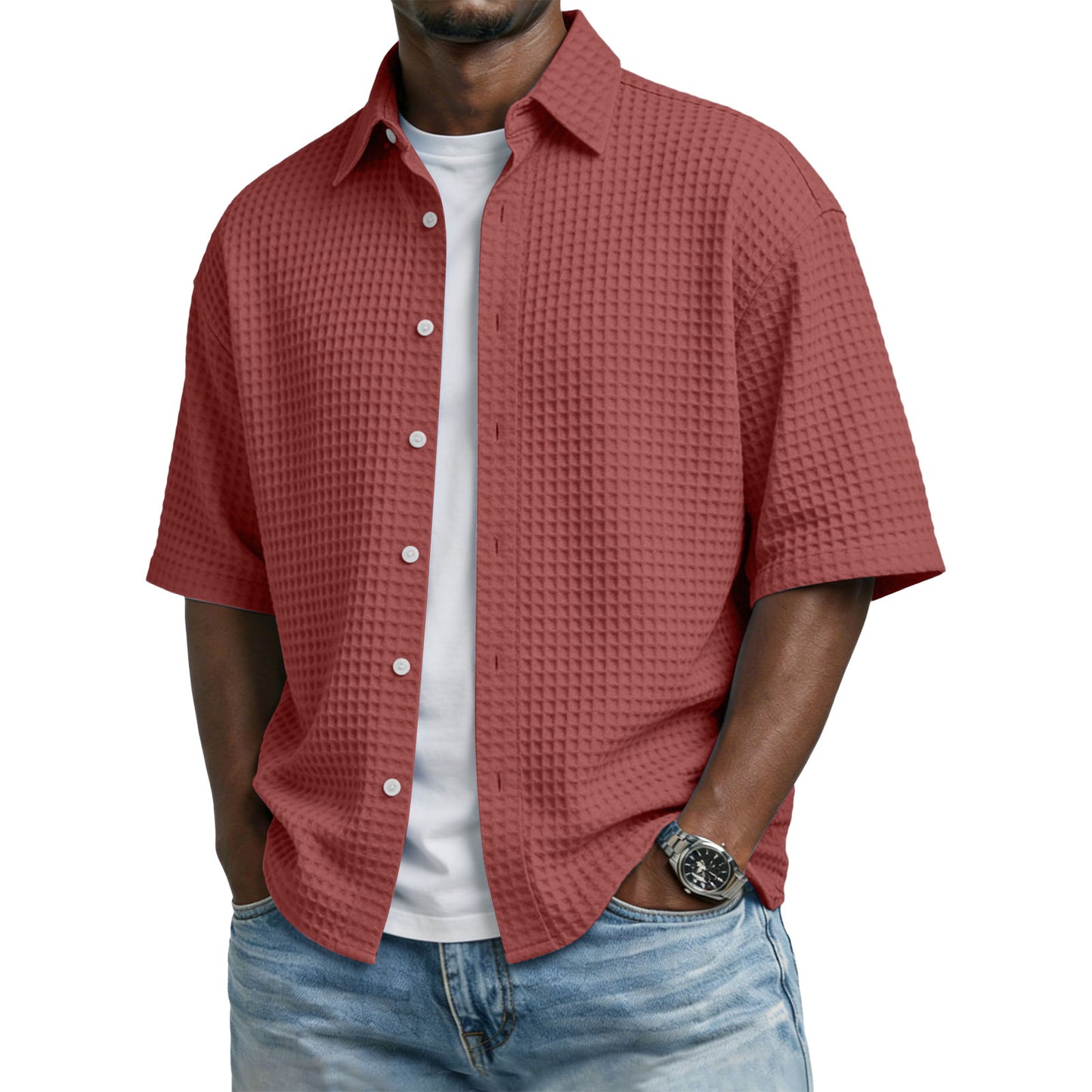 Men's Solid-Colored Waffle-Weave T-Shirt With Lapel Collar
