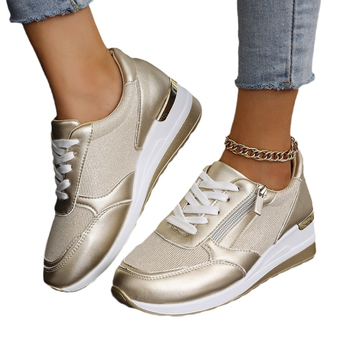 Women's Lace-up Casual Shoes Fashion Side Zipper