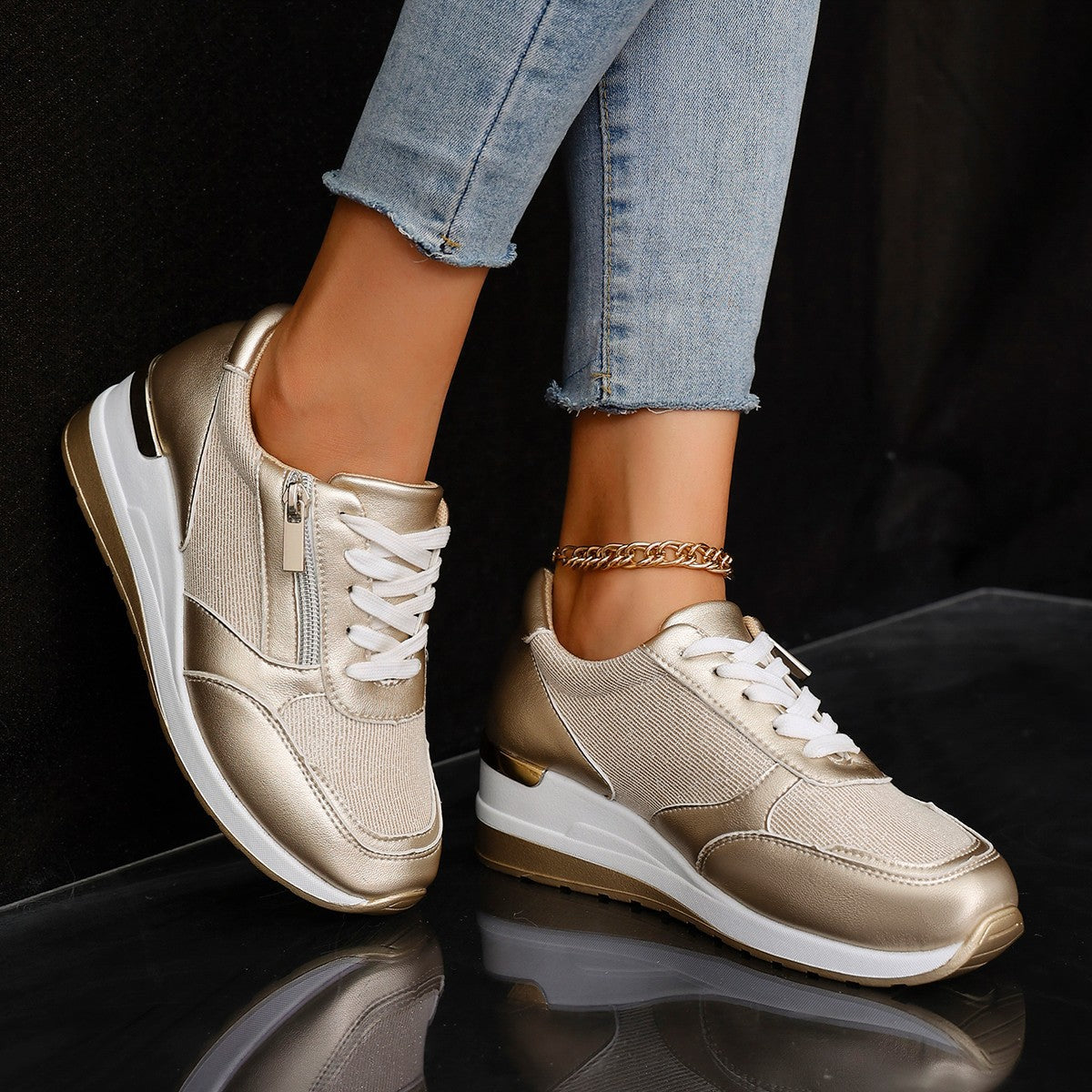 Women's Lace-up Casual Shoes Fashion Side Zipper