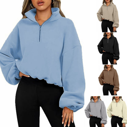 Loose Sport Pullover Hoodie Women Winter Solid Color Zipper