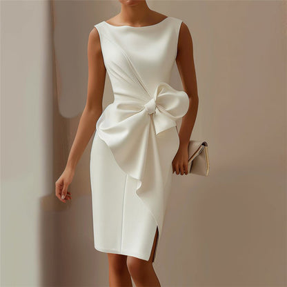 Fashion Bowknot Dress Solid Color Elegant Slim