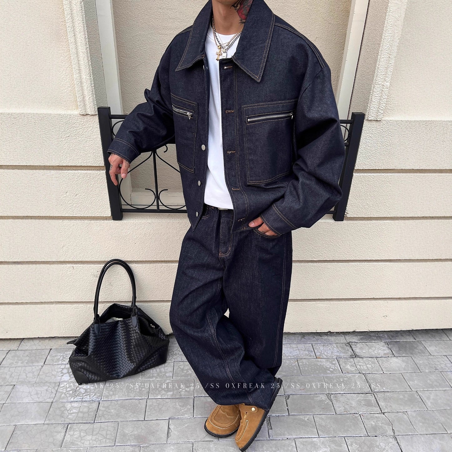 Retro Denim Raw Selvage Zipper Pocket Jean Jacket Men Short Loose Workwear Coat