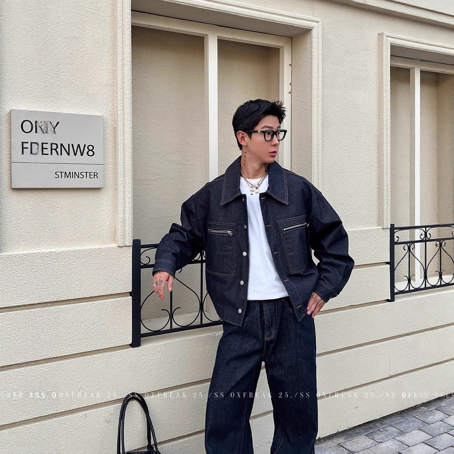 Retro Denim Raw Selvage Zipper Pocket Jean Jacket Men Short Loose Workwear Coat