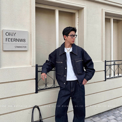Retro Denim Raw Selvage Zipper Pocket Jean Jacket Men Short Loose Workwear Coat