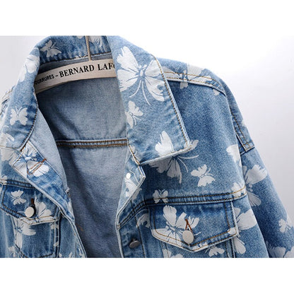 Spring Korean Fashion Butterfly Print Denim Jacket Women Blue Outerwear Casual Loose Short Jeans Jacket Coat Female Streetwear