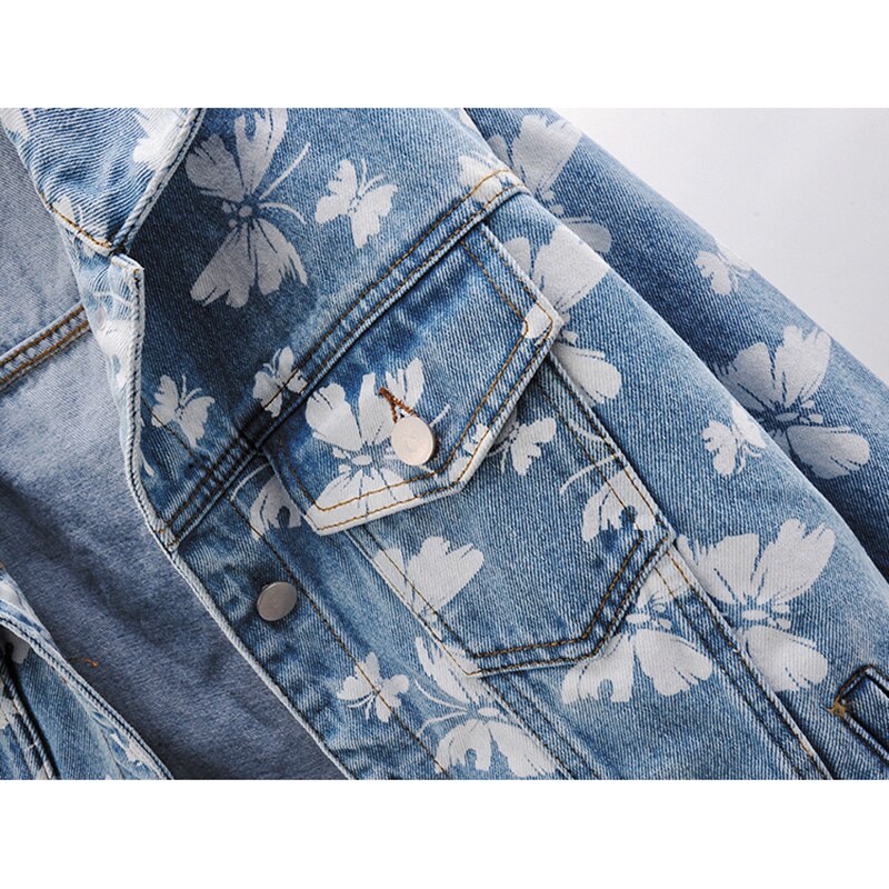 Spring Korean Fashion Butterfly Print Denim Jacket Women Blue Outerwear Casual Loose Short Jeans Jacket Coat Female Streetwear
