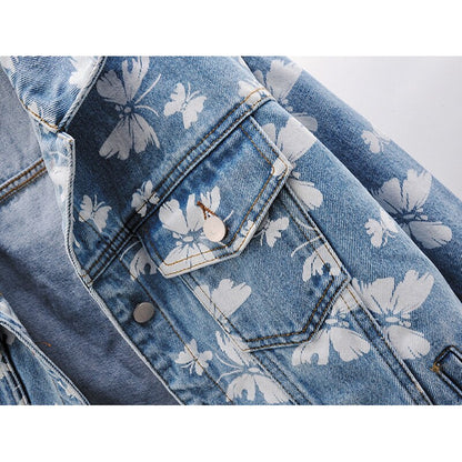 Spring Korean Fashion Butterfly Print Denim Jacket Women Blue Outerwear Casual Loose Short Jeans Jacket Coat Female Streetwear