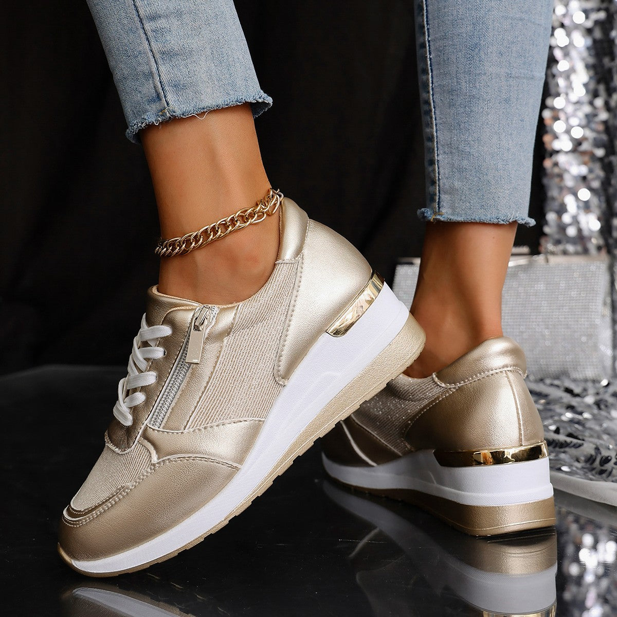 Women's Lace-up Casual Shoes Fashion Side Zipper