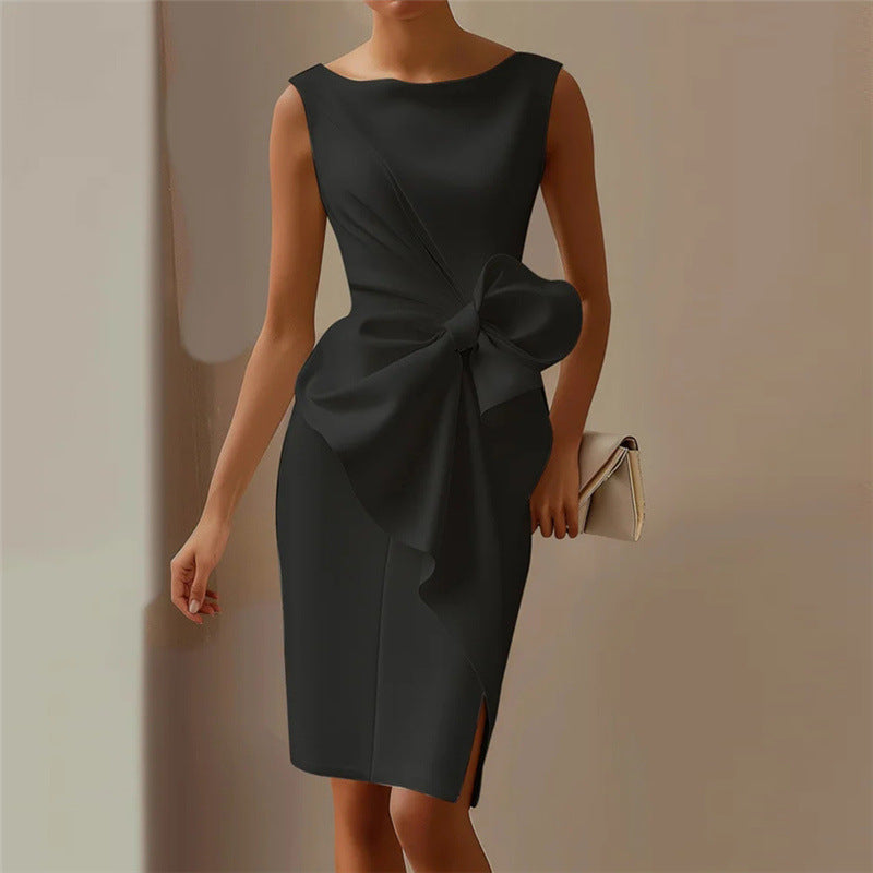 Fashion Bowknot Dress Solid Color Elegant Slim