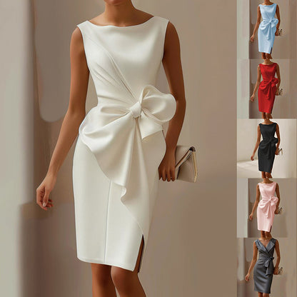 Fashion Bowknot Dress Solid Color Elegant Slim