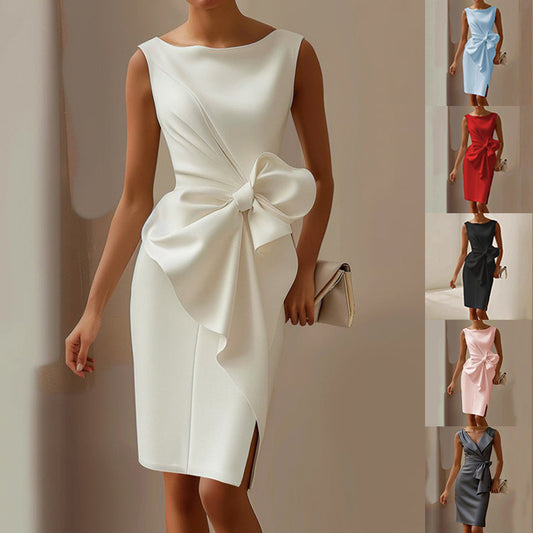 Fashion Bowknot Dress Solid Color Elegant Slim
