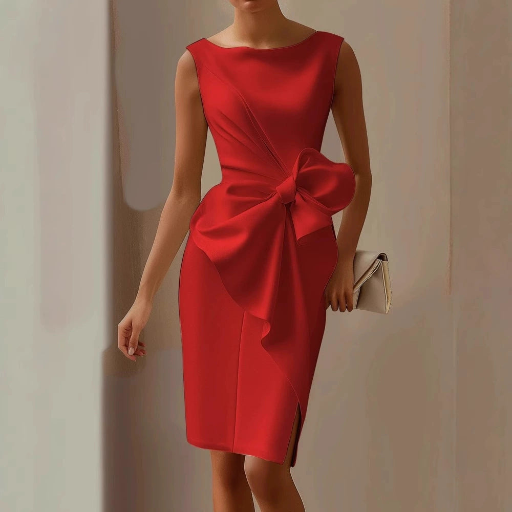 Fashion Bowknot Dress Solid Color Elegant Slim