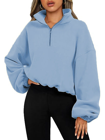 Loose Sport Pullover Hoodie Women Winter Solid Color Zipper