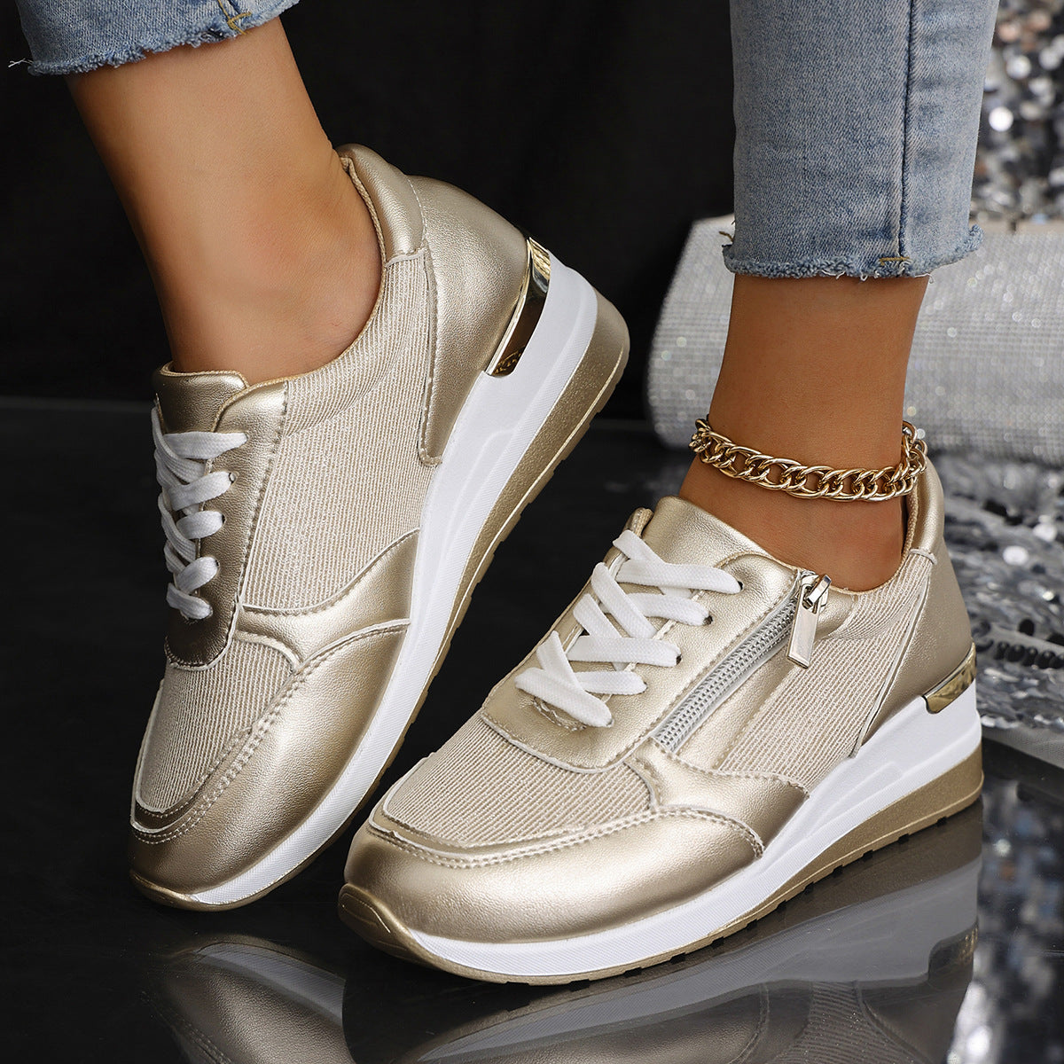 Women's Lace-up Casual Shoes Fashion Side Zipper